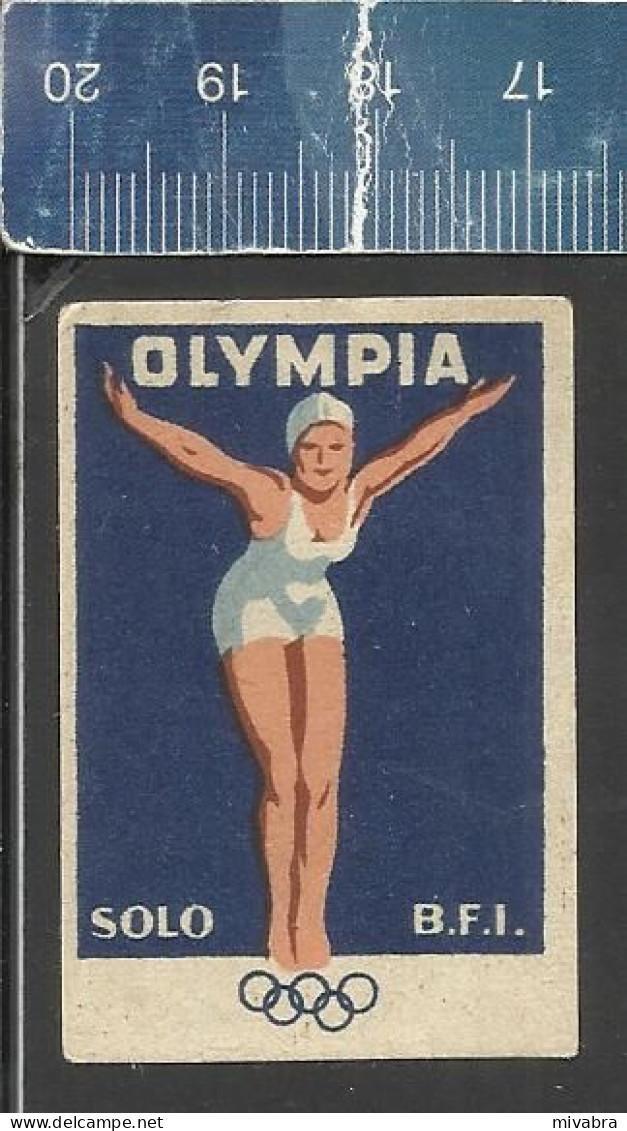 OLYMPIA - SOLO  - B.F. I ( OLYMPIC RINGS - SWIMMING ) - OLD VINTAGE CZECHOSLOVAKIAN MATCHBOX LABEL - Zündholzschachteletiketten