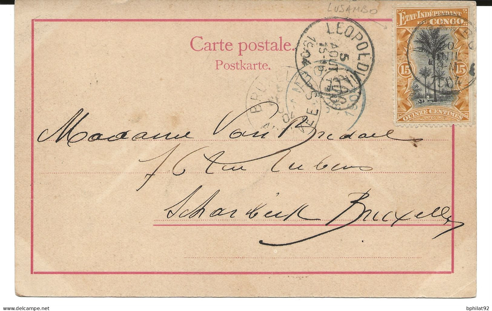 !!! CONGO, CPA DE 1904, DÉPART DE LUSAMBO POUR BRUXELLES, BELGIQUE. CACHETS DE LEOPOLDVILLEE, LUSAMBO ET BRUXELLES. - Brieven En Documenten