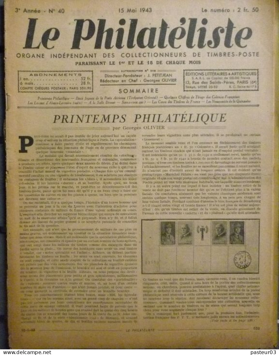 Le Philatéliste N° 40 15 Mai 1943 - Französisch (ab 1941)
