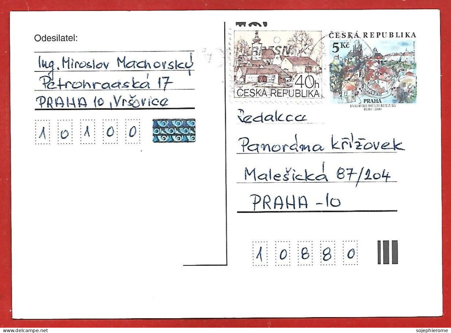 Entier Postal Sur Carte Postale " 5 Kc Praha Evropské Mesto Kultury Roku 2000 " 2scans - Postkaarten