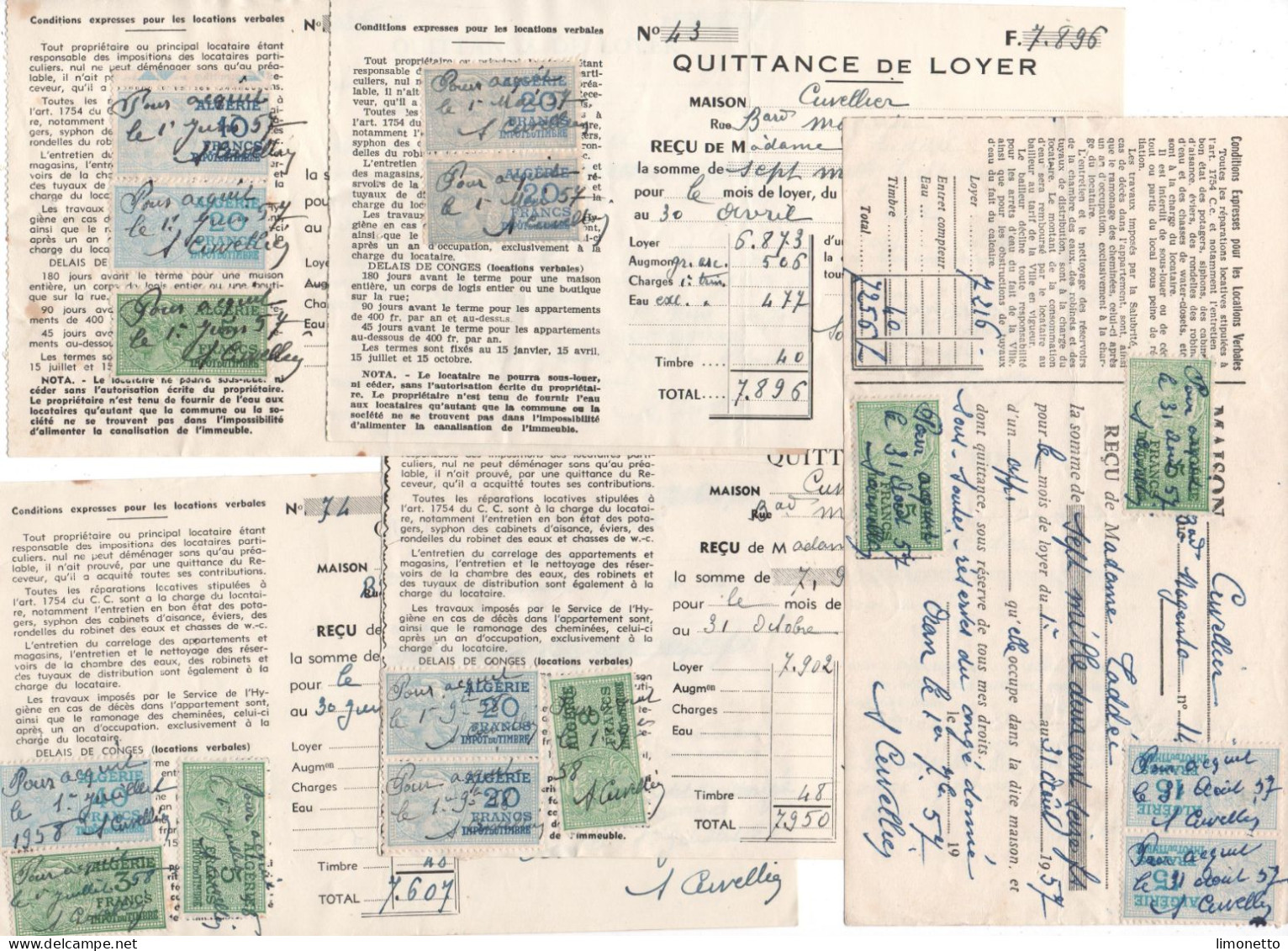 France -Algérie - Fiscaux : Lot 5 Documents -(Quittances-) 15 Timbres Fiscaux De 3 Frs A 40 Frs - Bon état -(3) - Lettres & Documents