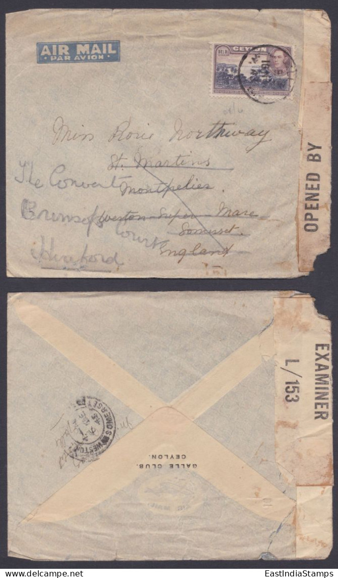 Sri Lanka Ceylon 1943? Used Airmail Cover To England, King George VI, Opened By Censor Examiner - Sri Lanka (Ceilán) (1948-...)