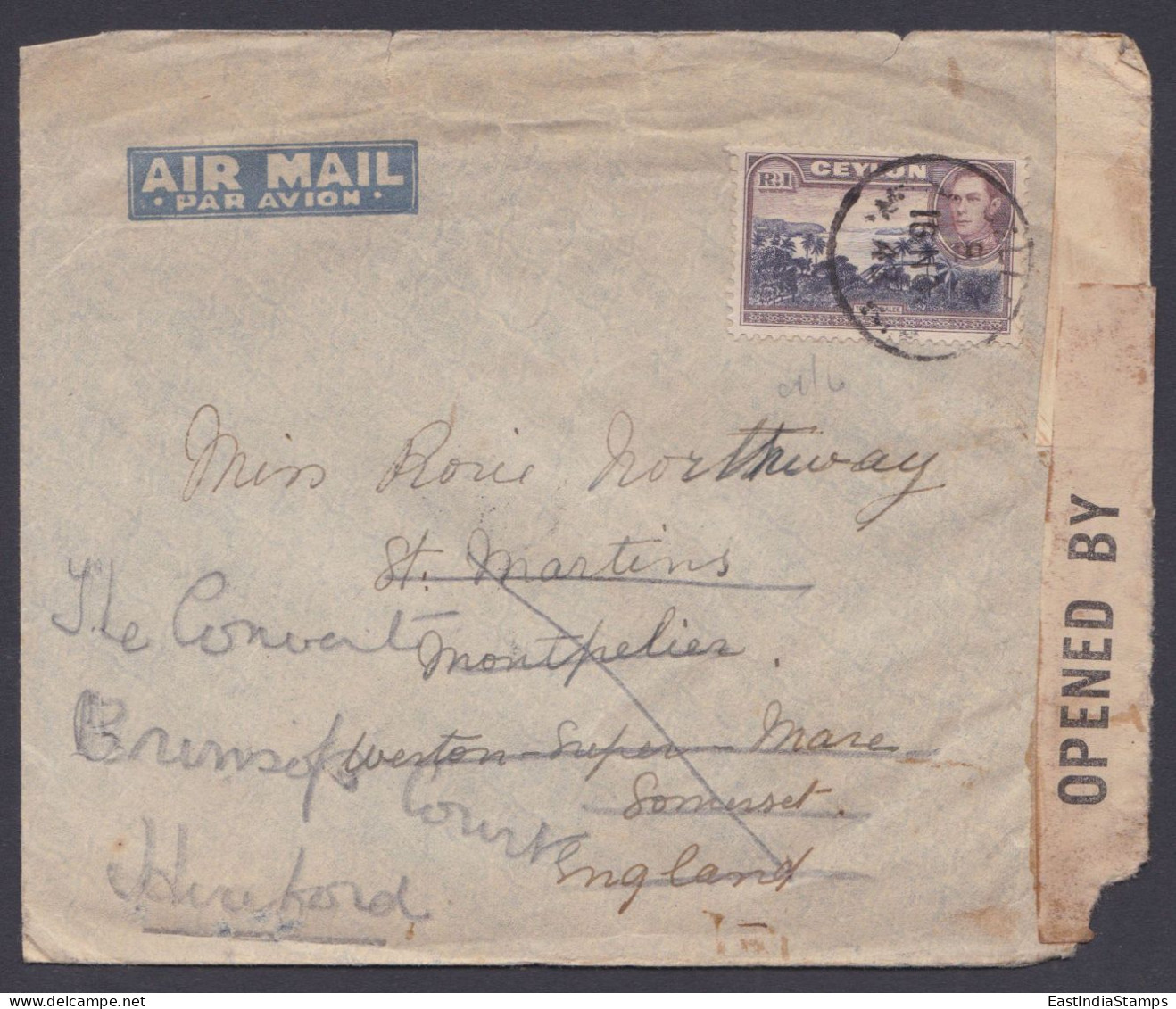 Sri Lanka Ceylon 1943? Used Airmail Cover To England, King George VI, Opened By Censor Examiner - Sri Lanka (Ceylon) (1948-...)