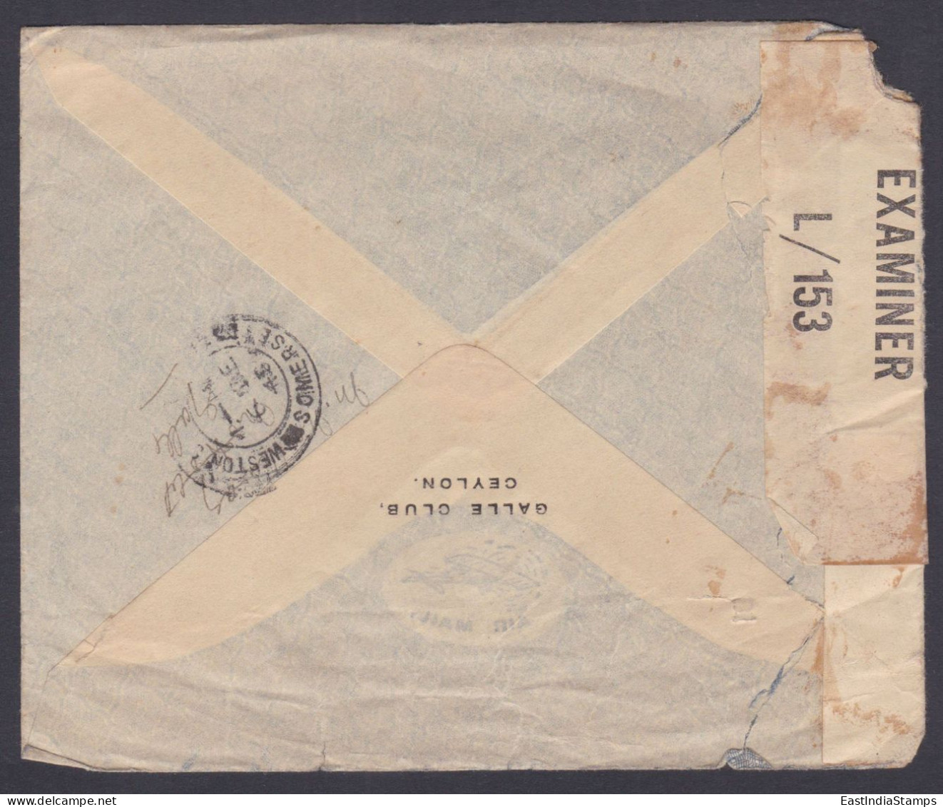 Sri Lanka Ceylon 1943? Used Airmail Cover To England, King George VI, Opened By Censor Examiner - Sri Lanka (Ceylon) (1948-...)