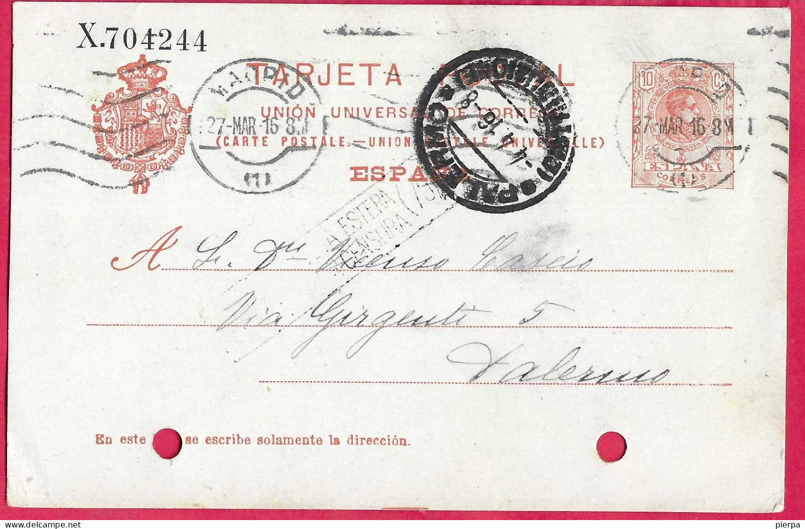 SPAGNA - INTERO CARTOLINA POSTALE ALFONSO 10 C. (MICHEL P49) DA "MADRID *27.MAR.16* PER PALERMO - 1850-1931