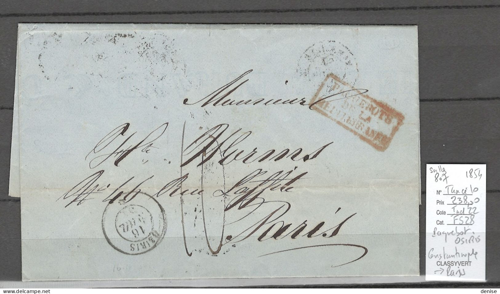 France -Lettre Du Paquebot De La Méditerranée  OSIRIS  - 1854 - Constantinople Pour Paris - Correo Marítimo