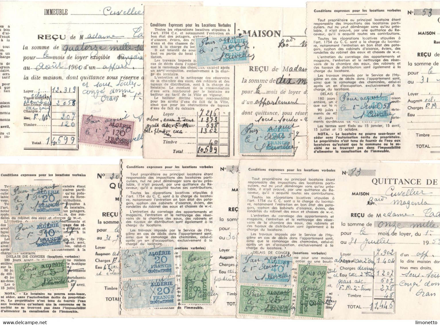 France -Algérie - Fiscaux : Lot 6 Documents -(Quittances-) 13 Timbres Fiscaux De 1.20 Fr A 40 Frs - Bon état -(4) - Covers & Documents