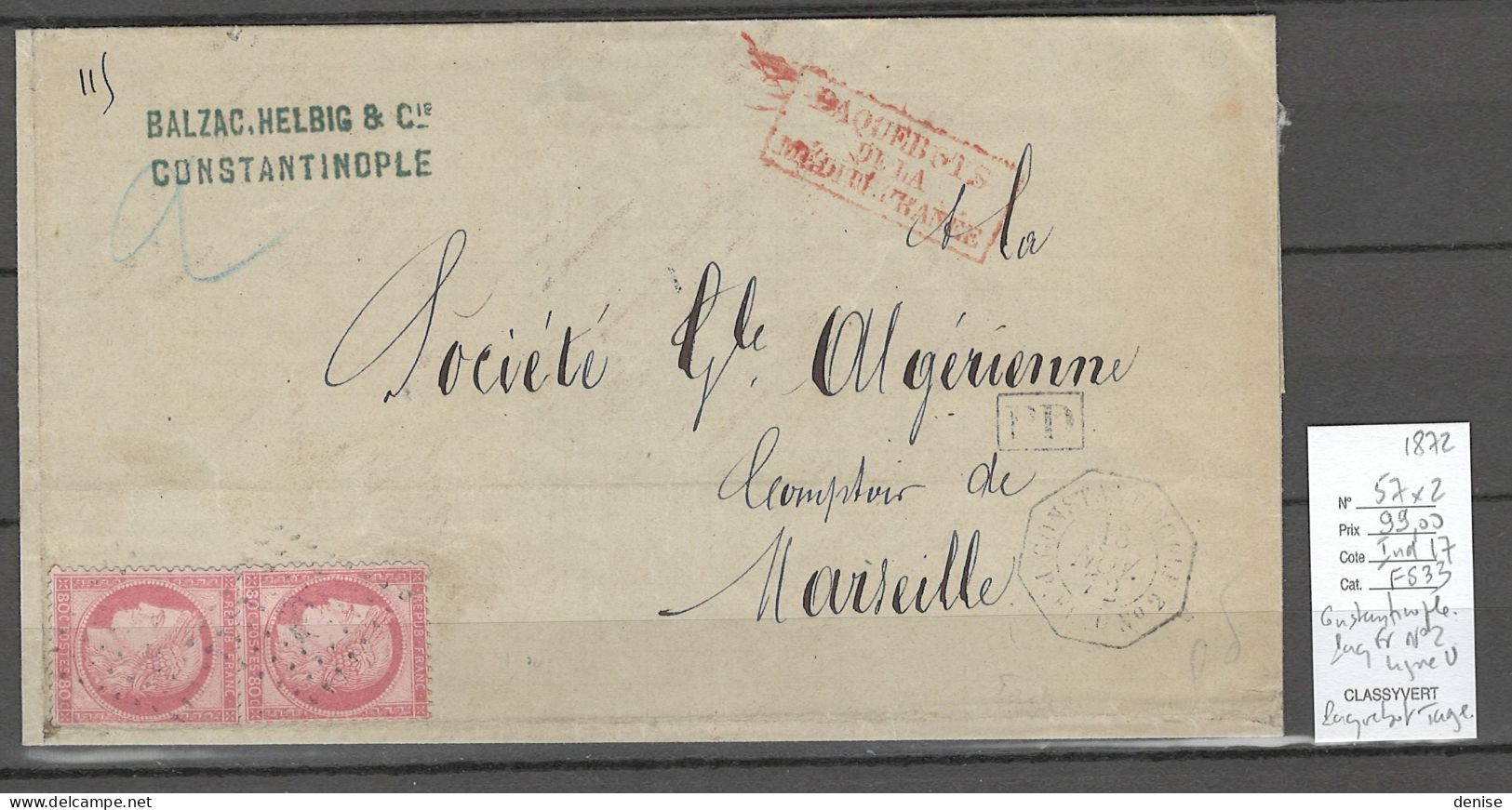 France - Lettre Constantinople - Turquie - Cachet Octo Constantinople- Paq Fr No2 - 1872 - Yvert 57 X 2 + Ancre - Schiffspost