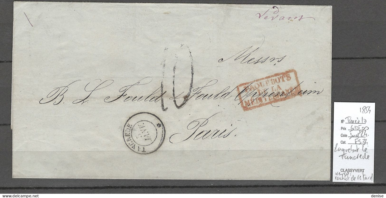 France -Lettre Du Paquebot De La Méditerranée  TANCREDE - 1854- Constantinople - Posta Marittima