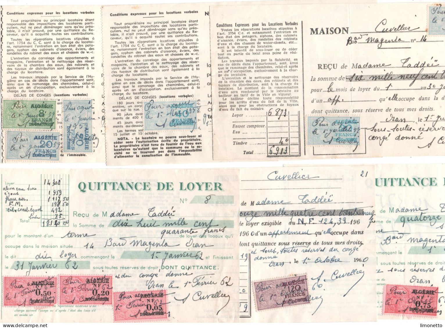 France -Algérie - Fiscaux : Lot 6 Documents -(Quittances-) 11 Timbres Fiscaux De 0.05 Fr A 40 Frs - Bon état -(5) - Brieven En Documenten