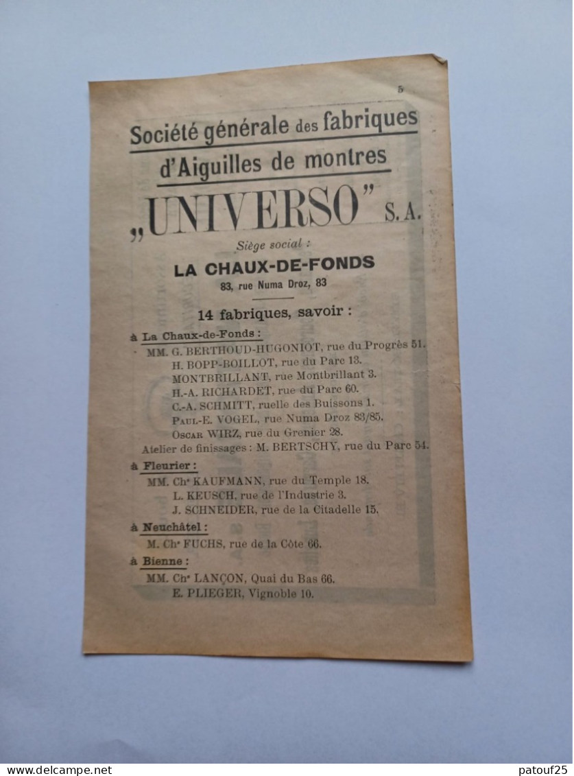 Ancienne Publicité Horlogerie UNIVERSO CHAUX DE FONDS SUISSE 1914 - Switzerland