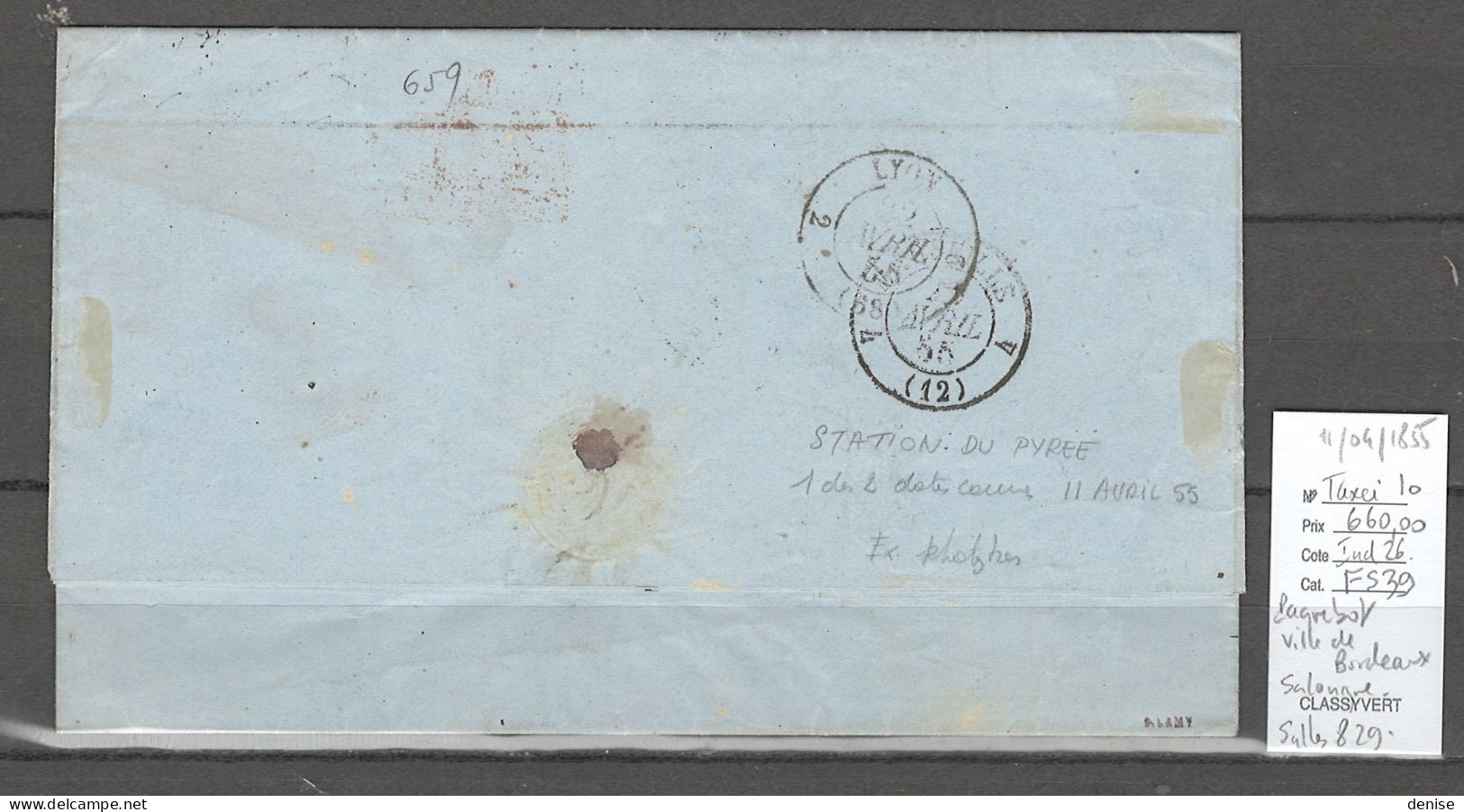 France -Lettre Du Paquebot De La Méditerranée  VILLE DE BORDEAUX- 1855- Salonique Pour Lyon - Maritieme Post