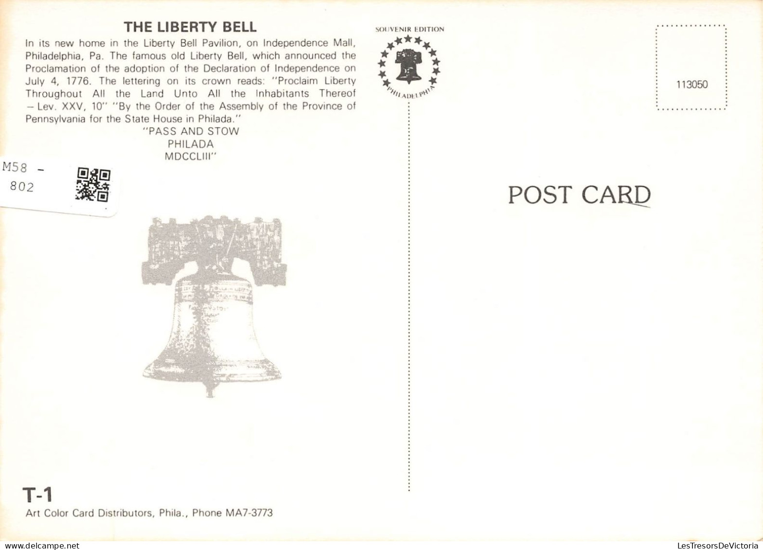 ETATS-UNIS - The Liberty Bell - Pass And Stow - Philada MdcclIII - Cloche - Philadelphia - Carte Postale - Philadelphia