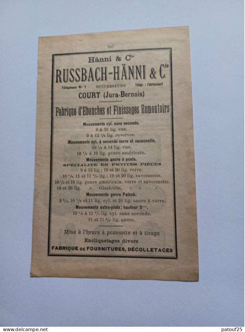Ancienne Publicité Horlogerie RUSSBACH-HANNI COURT JURA BERNOIS SUISSE 1914 - Zwitserland