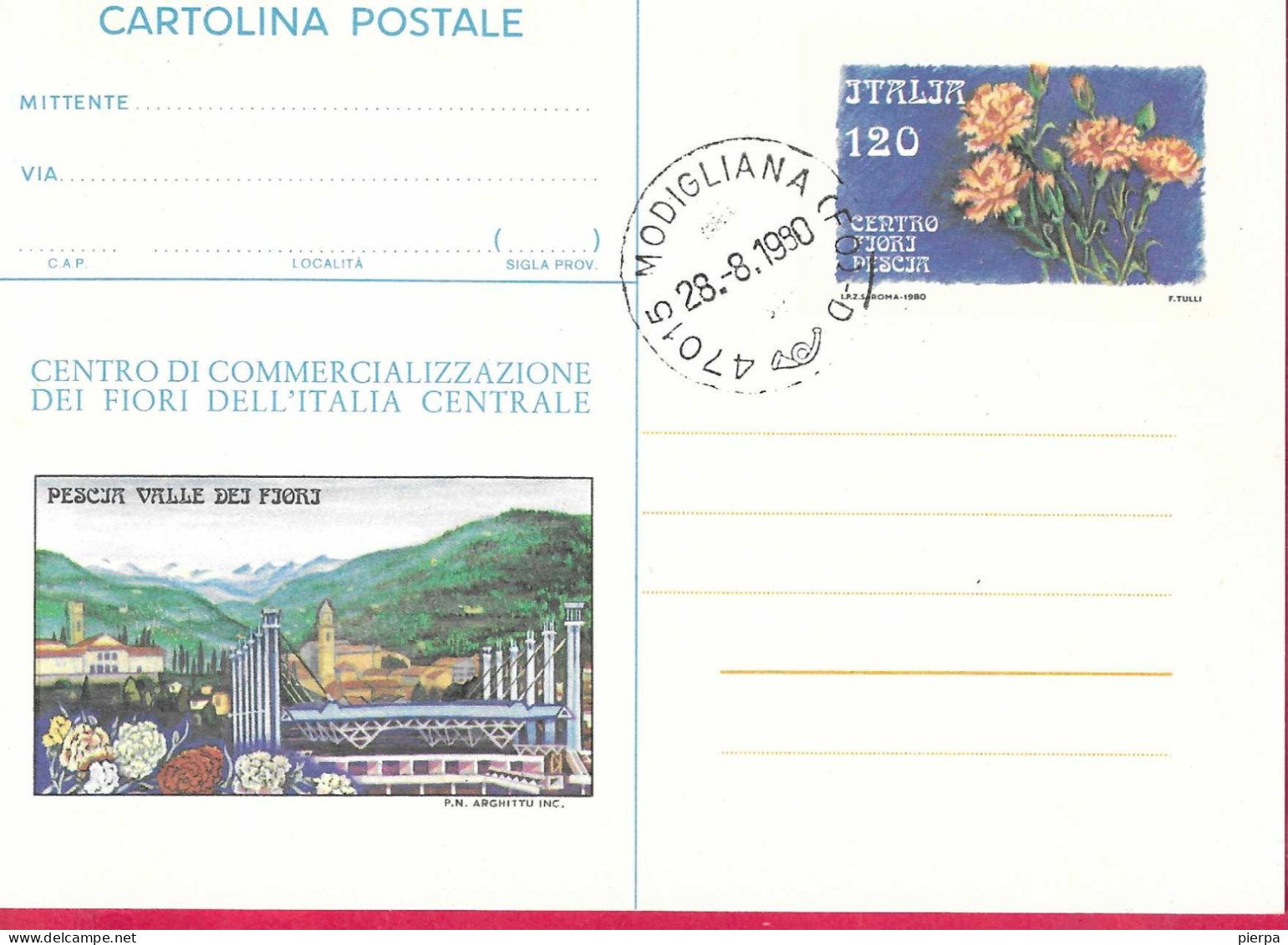 INTERO CARTOLINA POSTALE "FIORI DI PESCIA" - ANNULLO F.D.C. "MODIGLIANA (FO)*28.8.1980* - Stamped Stationery