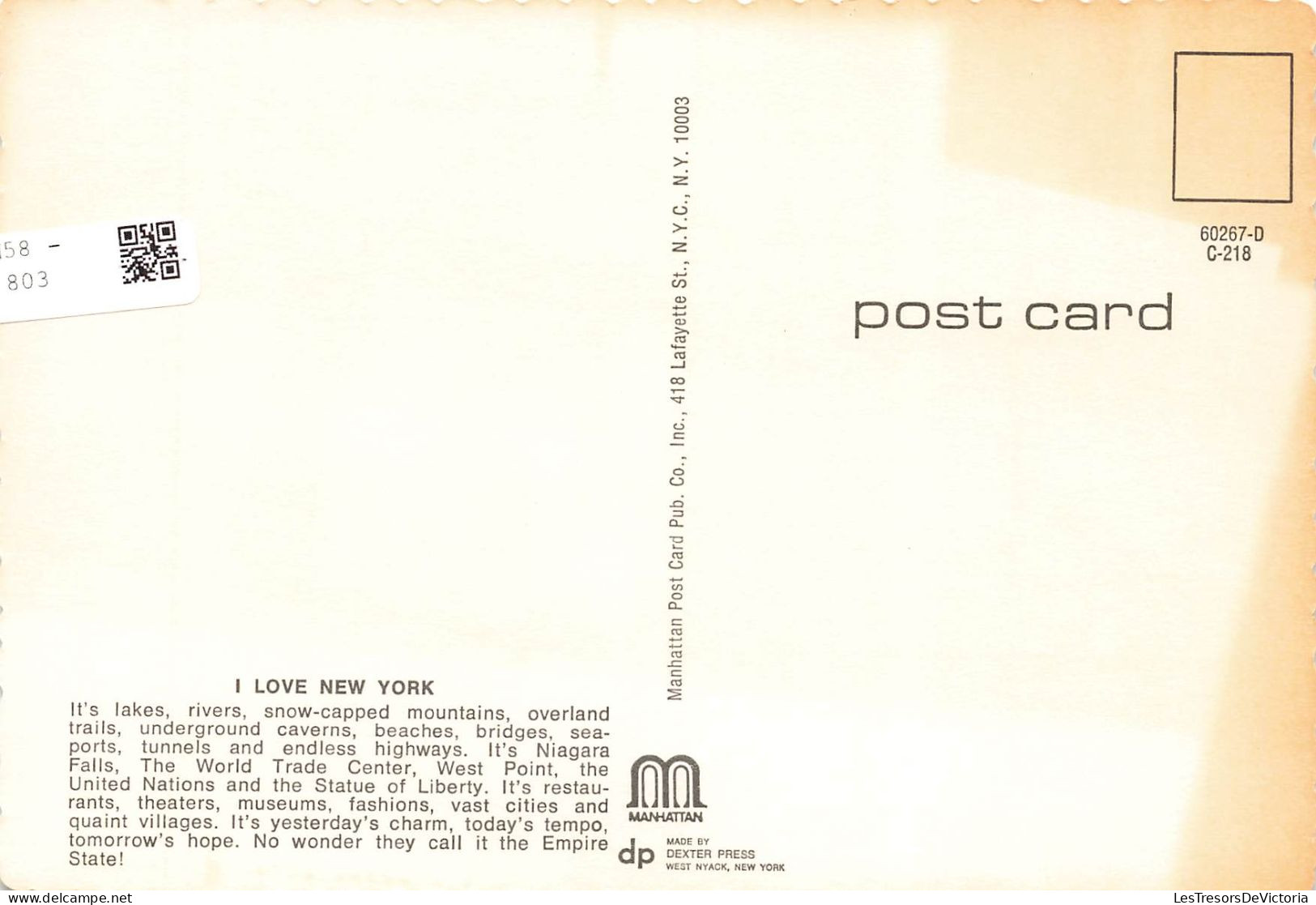 ETATS-UNIS - I Love New York - Carte Géographique De New York - Carte Postale - Autres Monuments, édifices