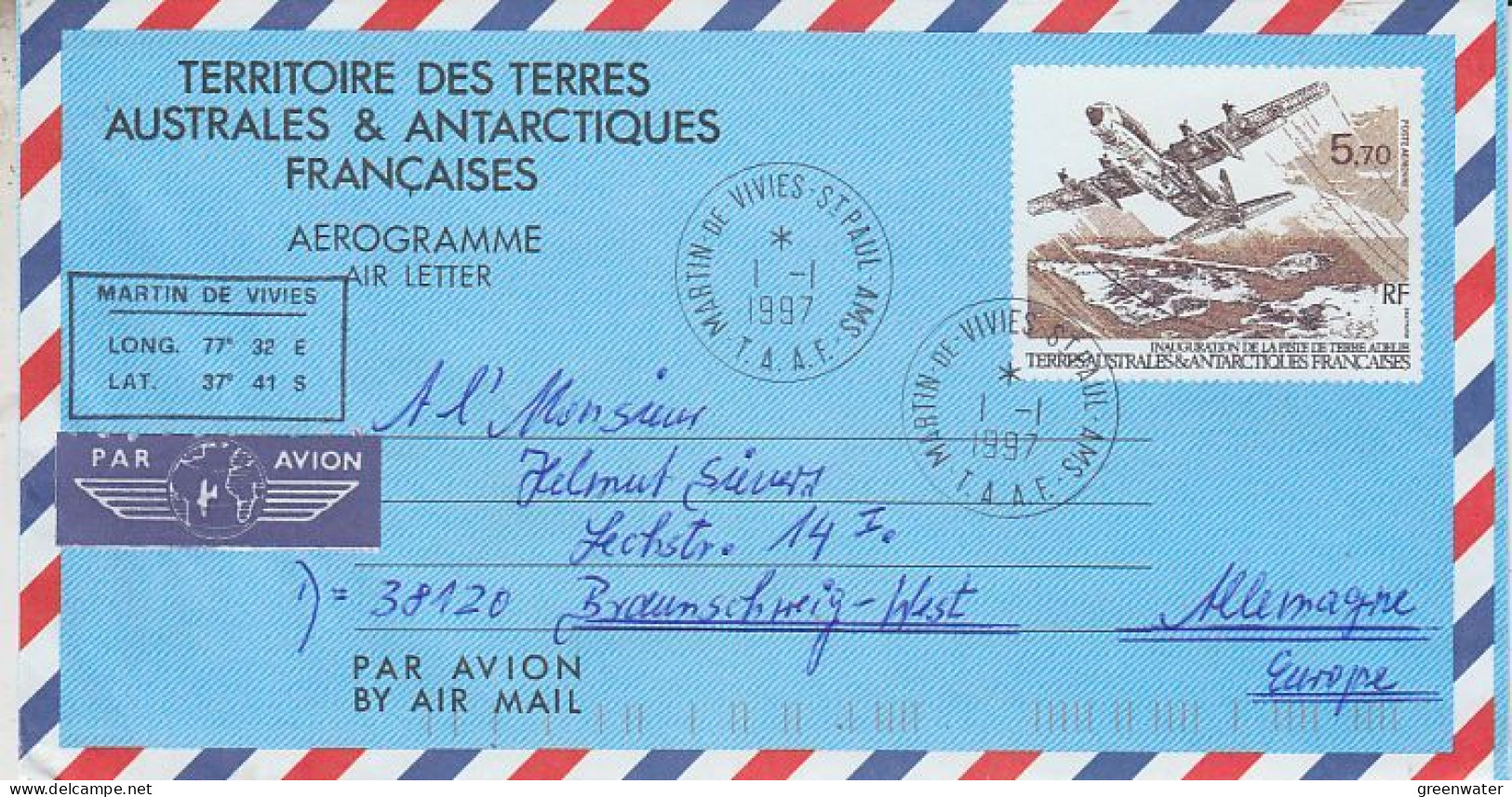 TAAF Aerogramme Ca Martin De Vivies 1 JAN 1997 (59739) - Brieven En Documenten