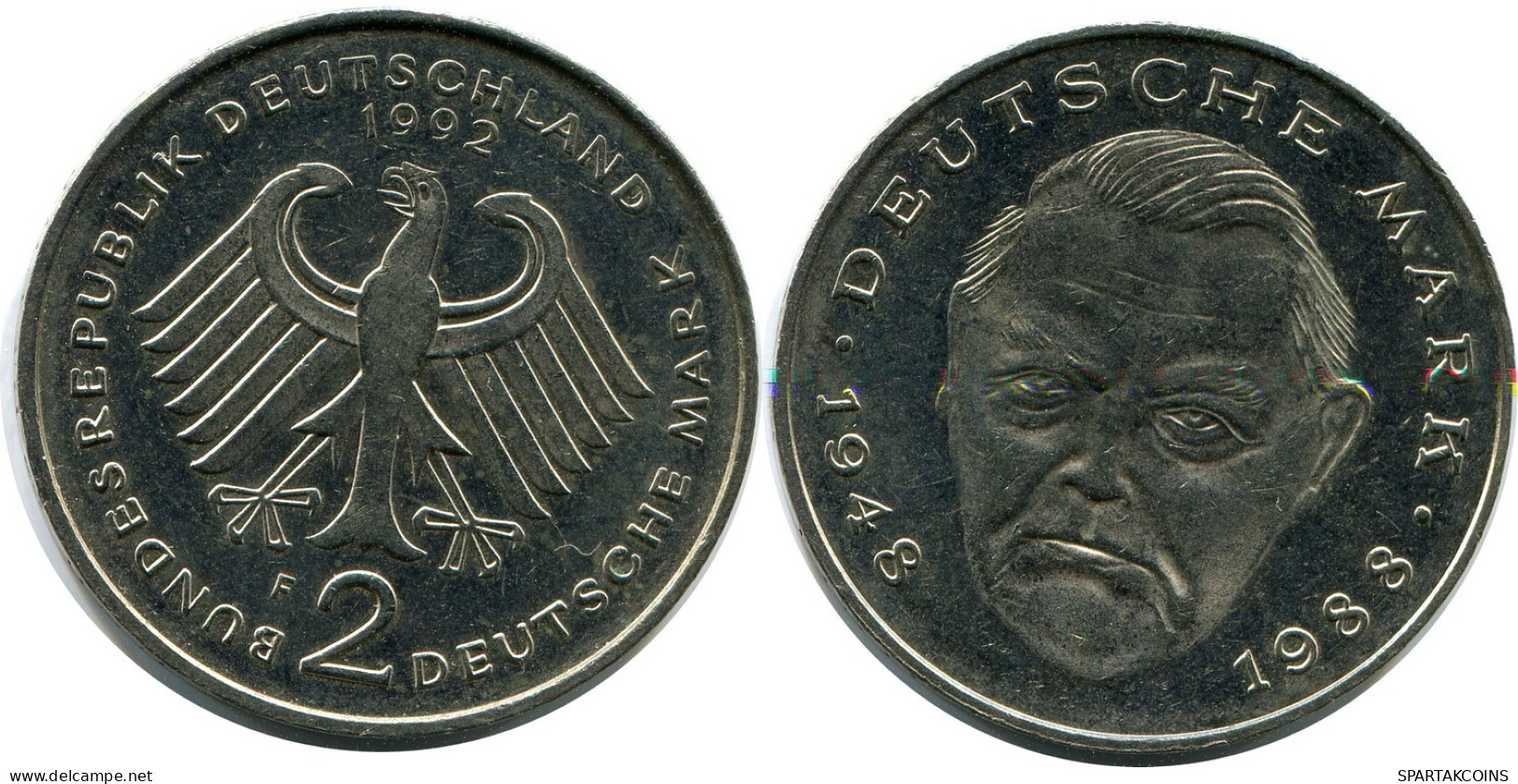 2 DM 1992 F F.J.STRAUS WEST & UNIFIED GERMANY Coin #AZ442.U.A - 2 Marchi