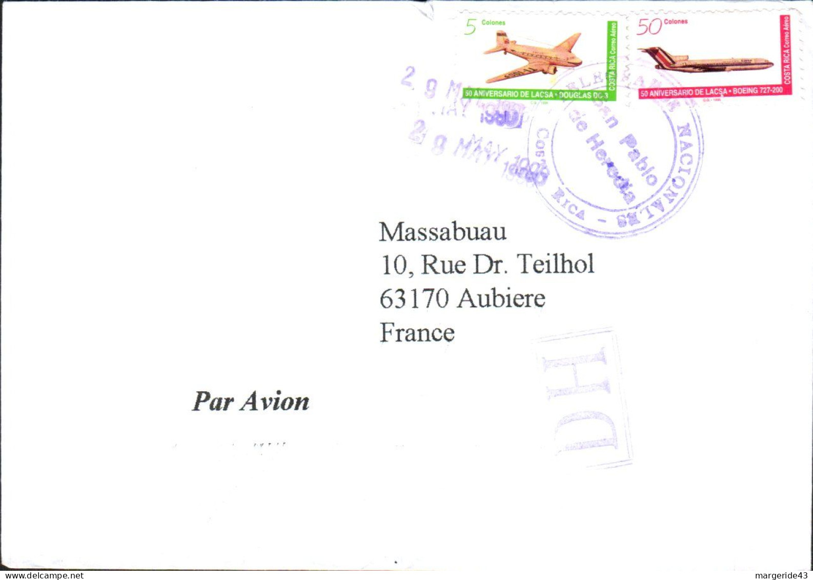 COSTA RICA AFFRANCHISSEMENT COMPOSE SUR LETTRE POUR LA FRANCE 1996 - Briefe U. Dokumente