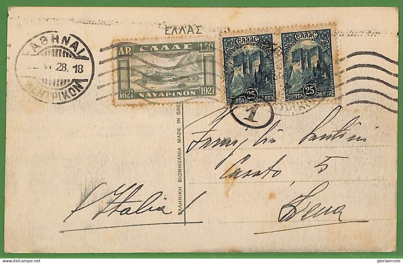 Ad0891 - GREECE - Postal History -  POSTCARD To ITALY 1928 - Lettres & Documents