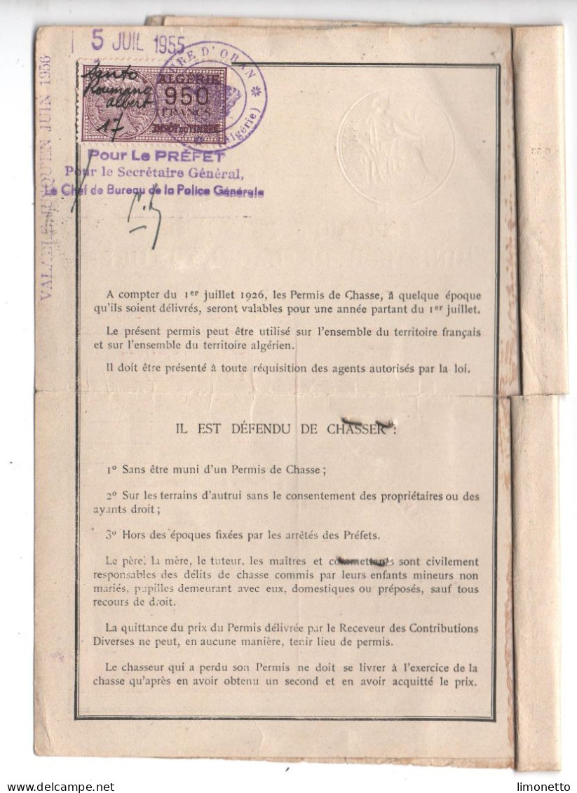 Vieux Papiers - Algérie- Permis De Chasse - 1954 - Oran- Timbre Fiscal De 950 Frs  ( Plié ) Voir Scans - Ohne Zuordnung