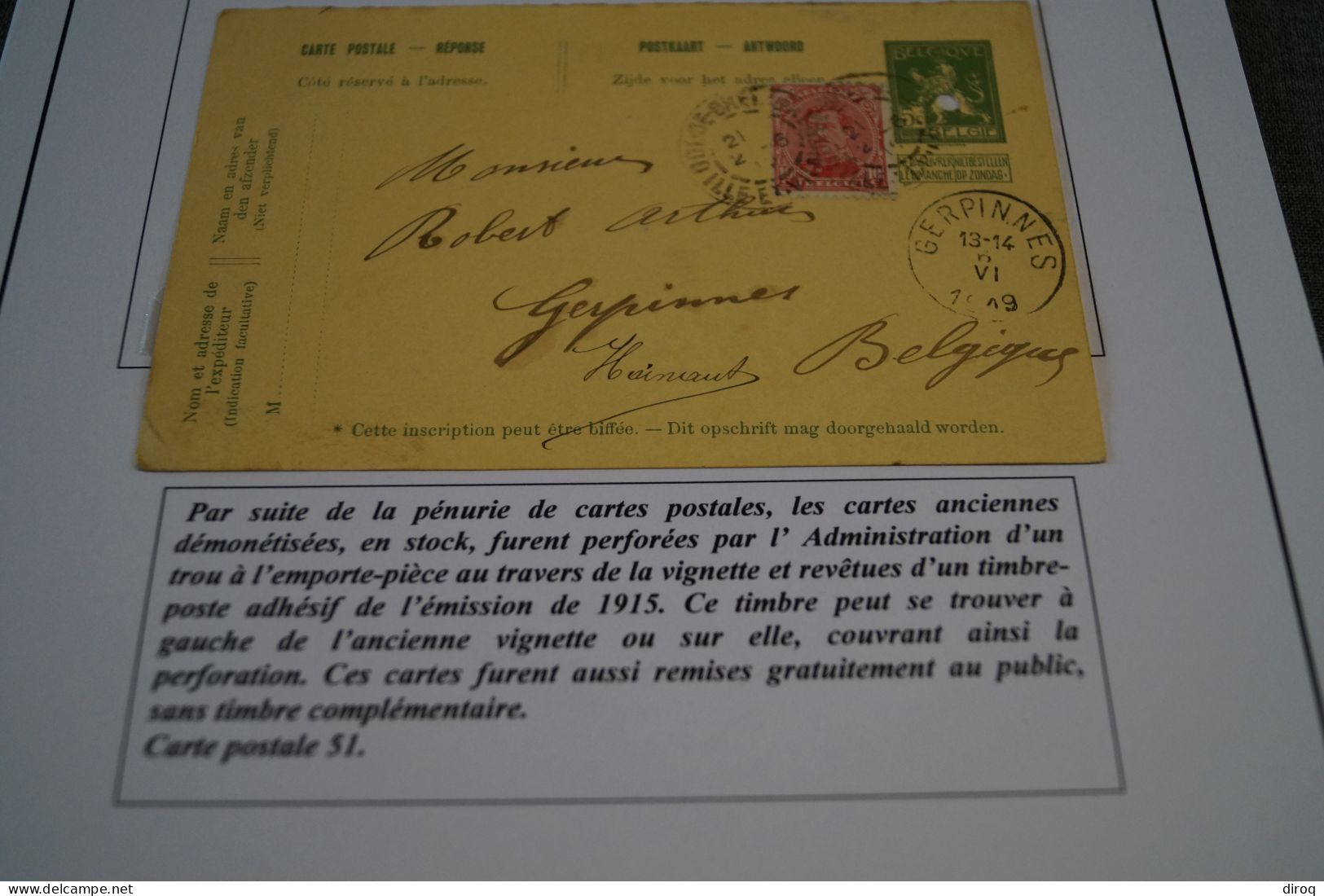 Emission De Fortune 1919 , N° 51 ,perforé ,état Pour Collection Voir Photos - Postcards 1909-1934