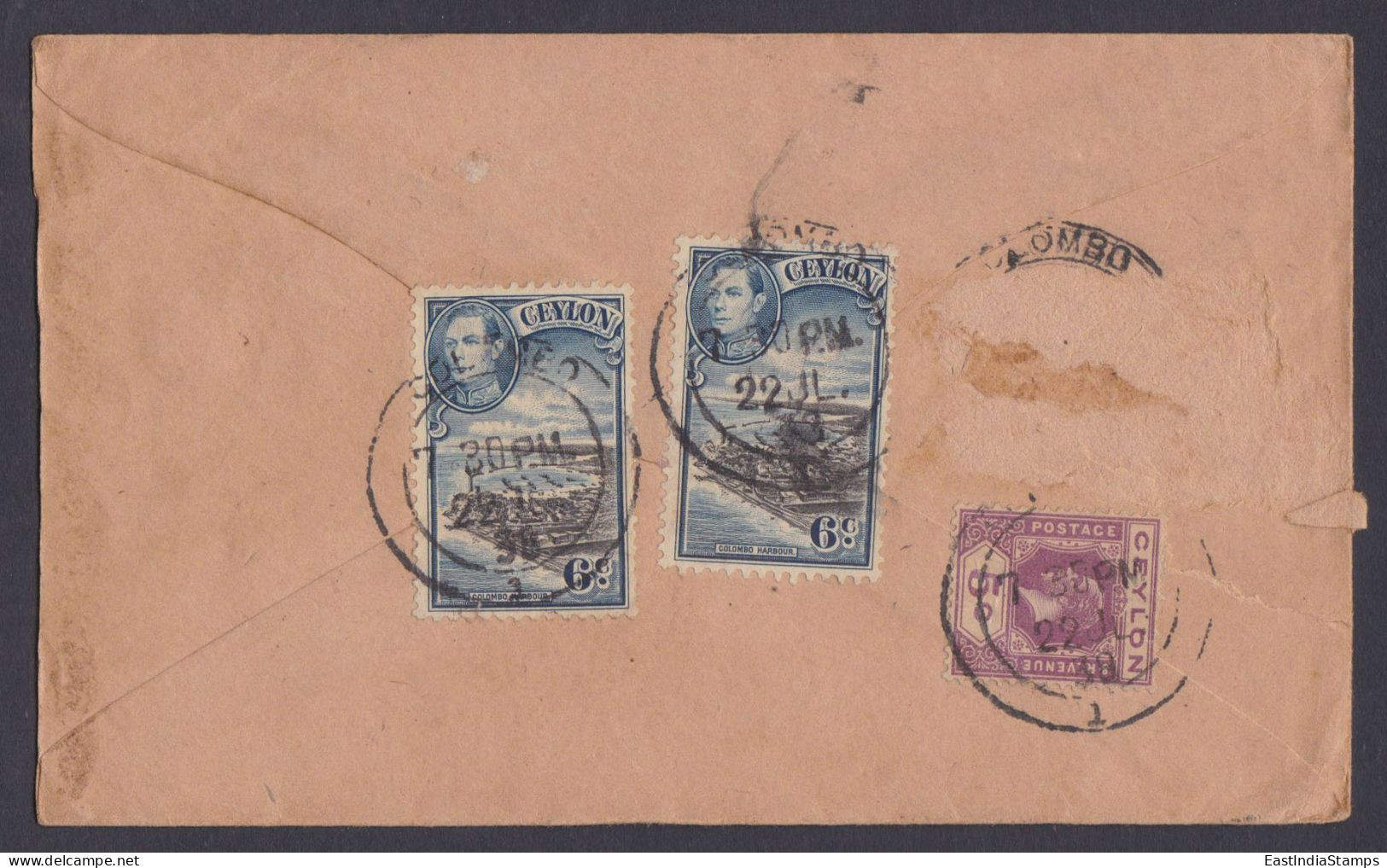 Sri Lanka Ceylon 1938 Used Cover To Singapore, King George V, King George VI Stamps, Colombo Harbour - Sri Lanka (Ceylon) (1948-...)