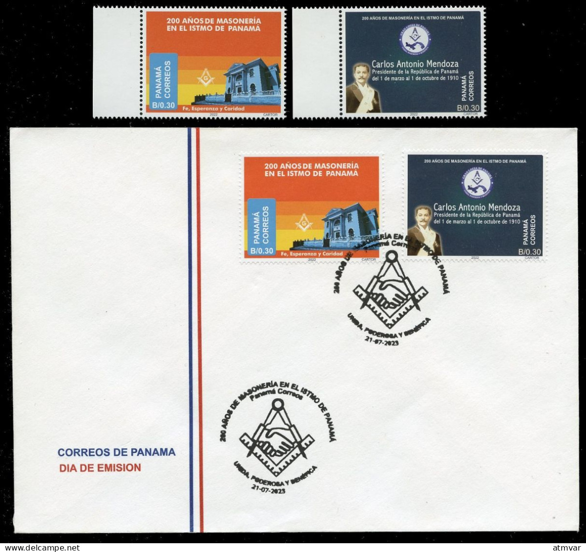 PANAMA (2023) 200 Años Masonería En Istmo Panamá, Freemasonry, Franc-maçonnerie, Freimaurerei - First Day Cover + Stamps - Panama
