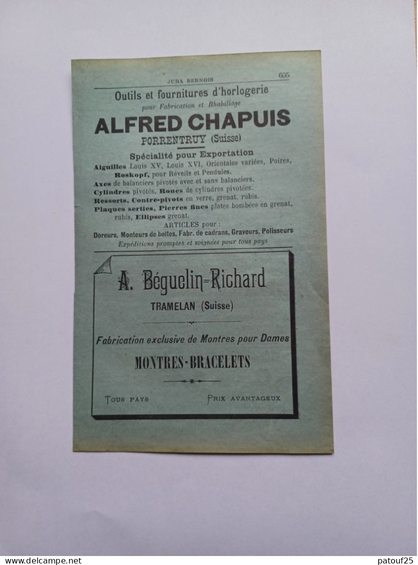 Ancienne Publicité Horlogerie ALFRED CHAPUIS PORRENTRUY SUISSE 1914 - Suisse