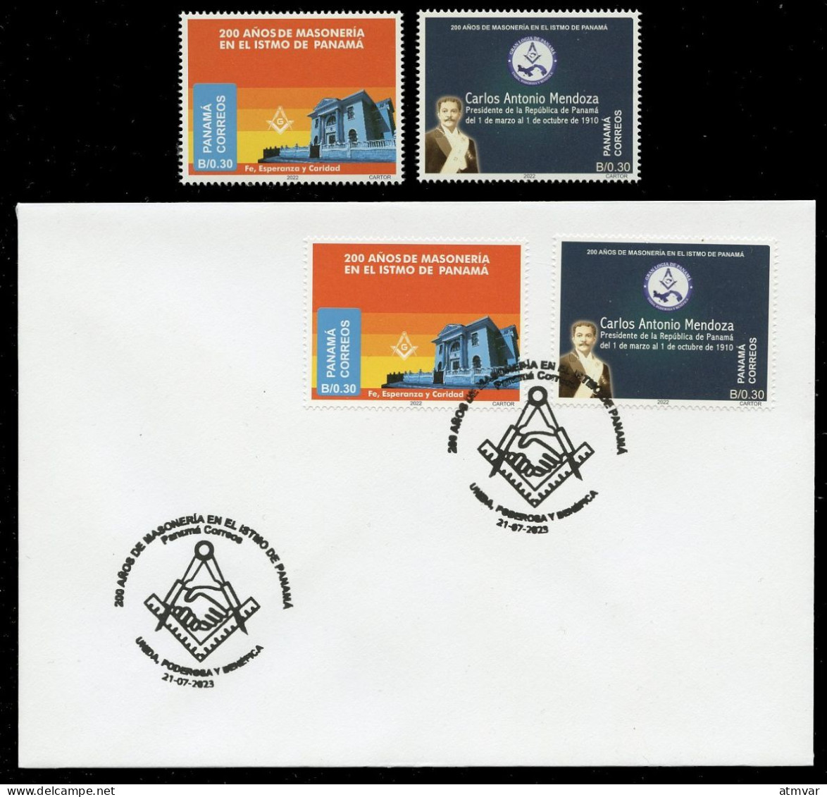 PANAMA (2023) 200 Años Masonería En Istmo Panamá, Freemasonry, Franc-maçonnerie, Freimaurerei - First Day Cover + Stamps - Panama