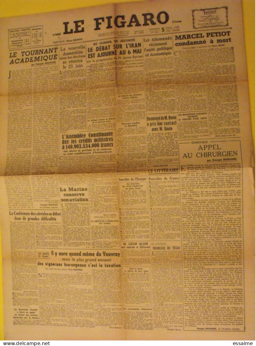 6 N° Le Figaro De 1946. Mauriac Duhamel Nuremberg Green Blum Chine Haiphong Trieste Saumur Petiot - Other & Unclassified