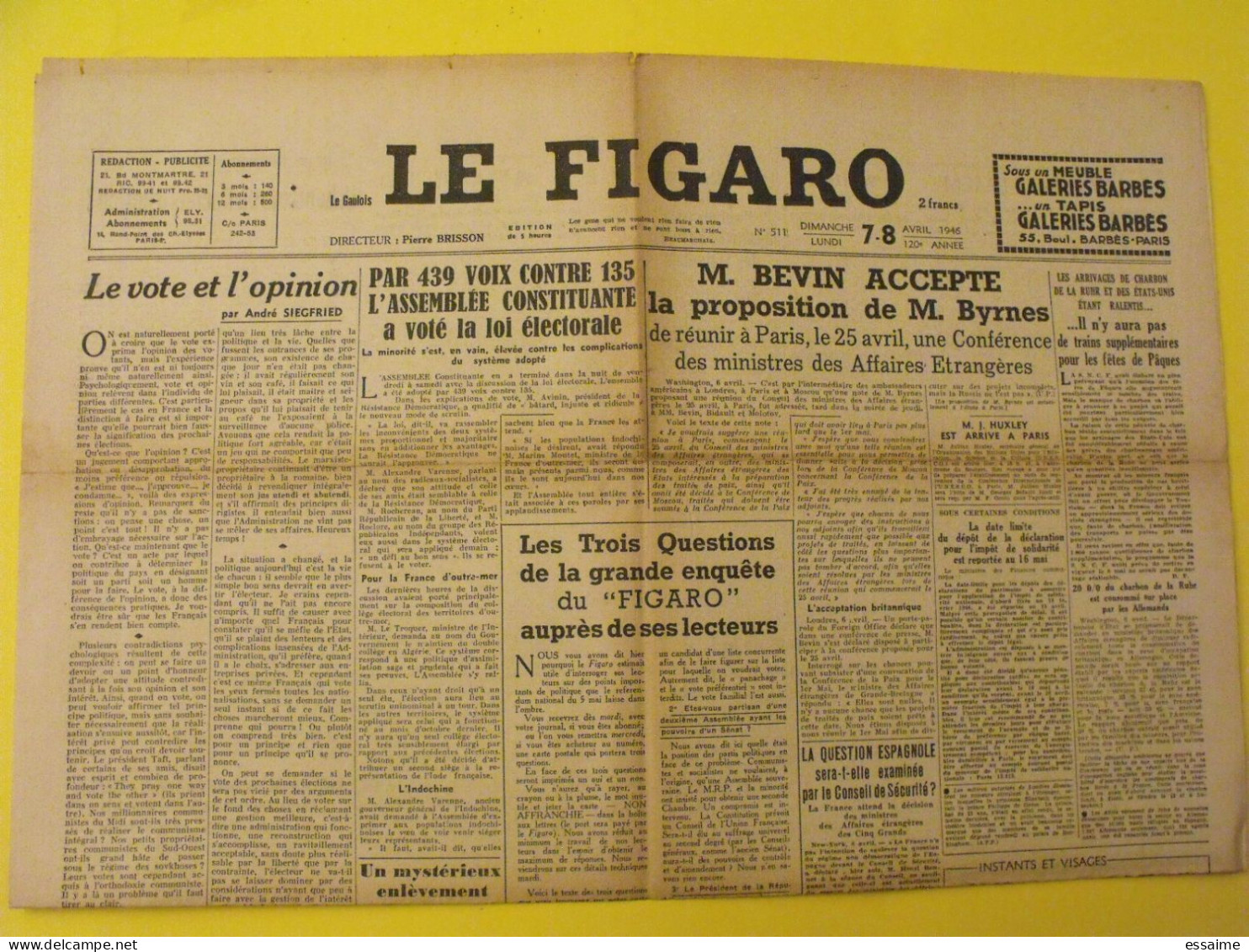 6 n° Le Figaro de 1946. Mauriac Duhamel Nuremberg Green Blum Chine Haiphong Trieste Saumur Petiot