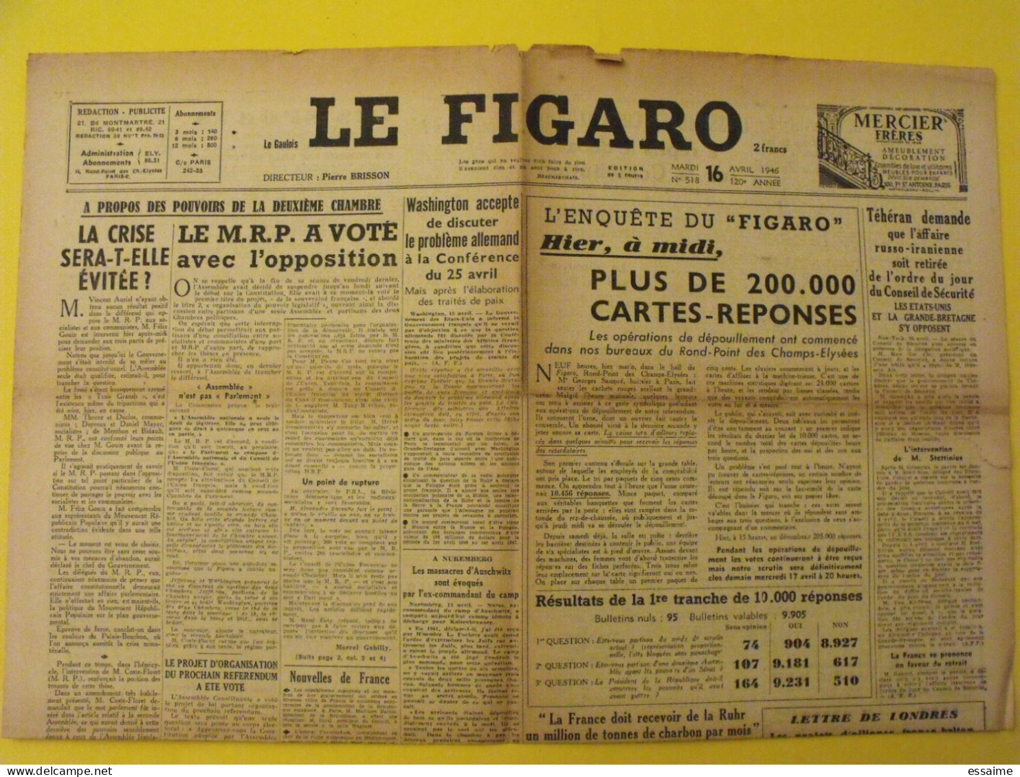 6 n° Le Figaro de 1946. Mauriac Duhamel Nuremberg Green Blum Chine Haiphong Trieste Saumur Petiot