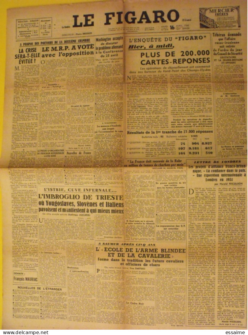 6 n° Le Figaro de 1946. Mauriac Duhamel Nuremberg Green Blum Chine Haiphong Trieste Saumur Petiot