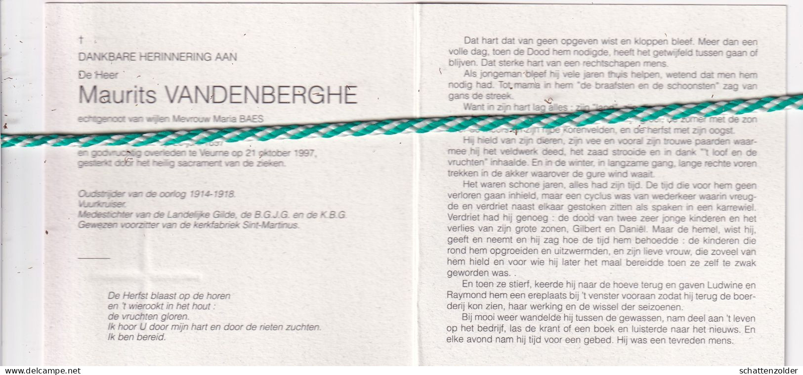 Maurits Vandenberghe-Baes, Leisele 1897, Veurne 1997. Honderdjarige. Oud-strijder Vuurkruiser 14-18 - Obituary Notices