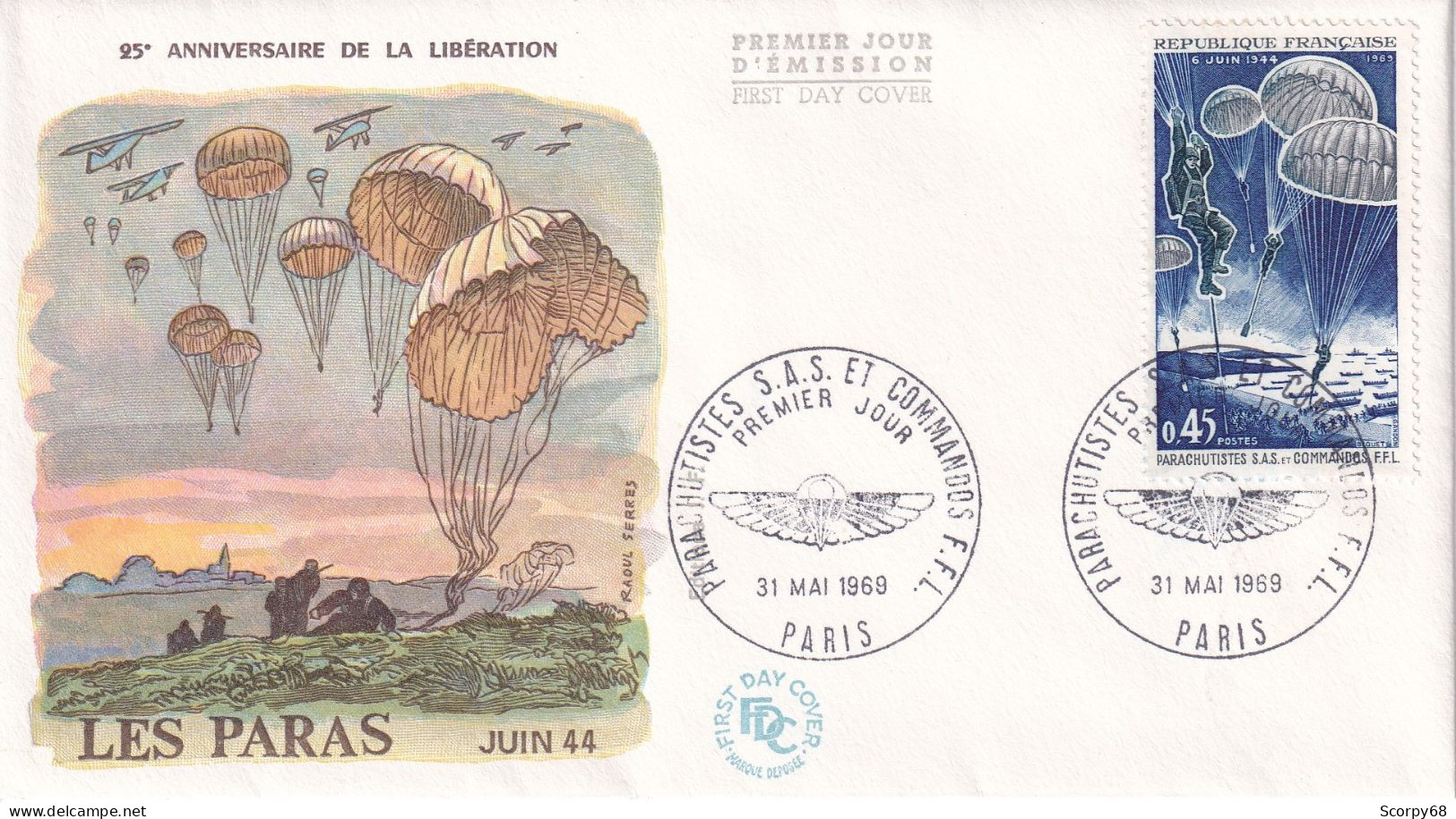 FDC 31/05/1969: Parachutistes S.A.S. Et Commandos F.F.L. - Débarquement En Normandie - Y&T N° 1603 - 1960-1969