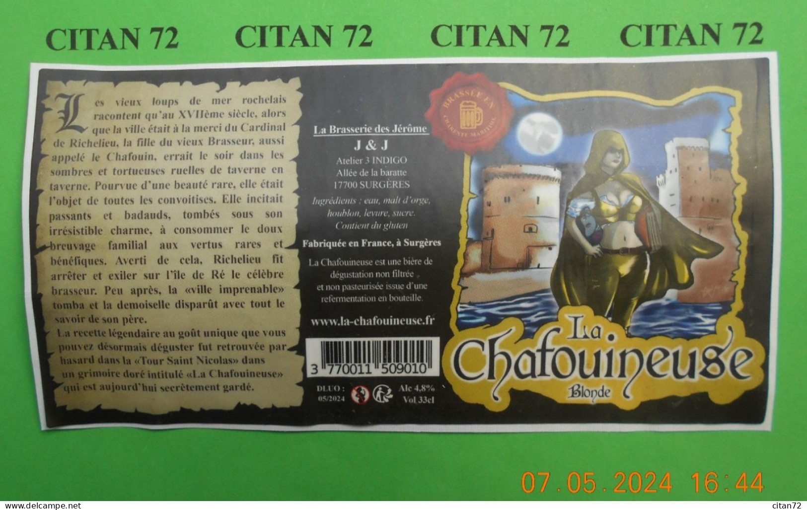 1  ETIQUETTE  De   BIERE    BRASSERIE    DES  JEROME  LA CHAFOUINEUSE  BLONDE  17700  SURGERES   33 CL - Bière