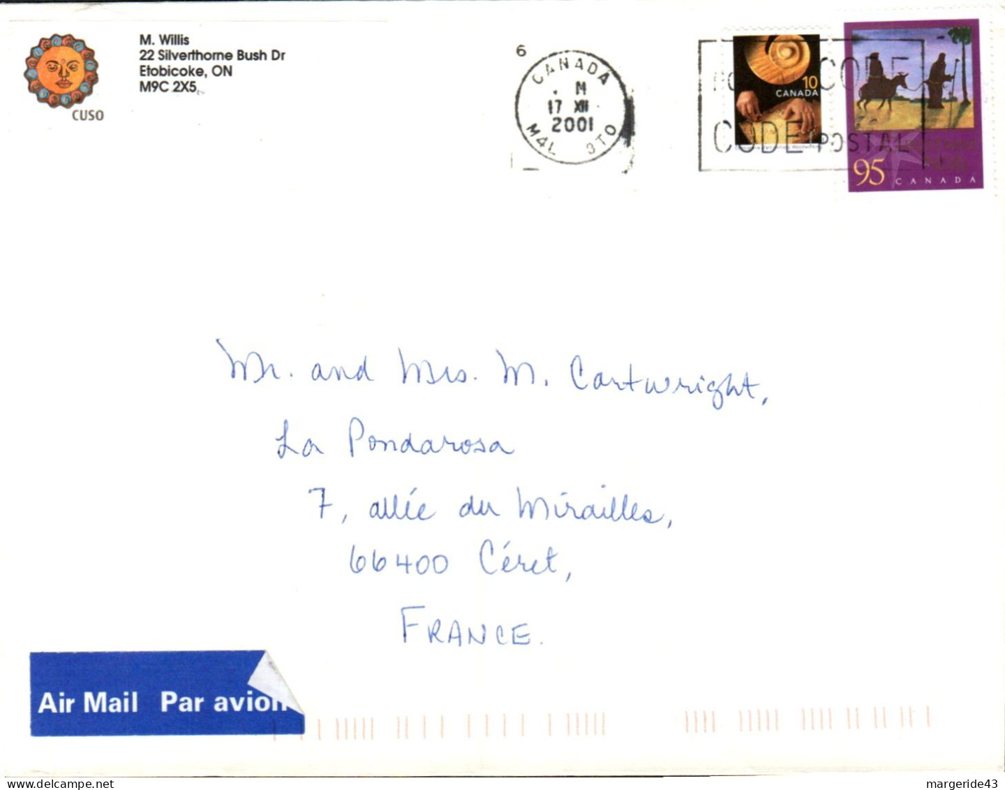 CANADA AFFRANCHISSEMENT COMPOSE SUR LETTRE POUR LA FRANCE 2001 - Storia Postale