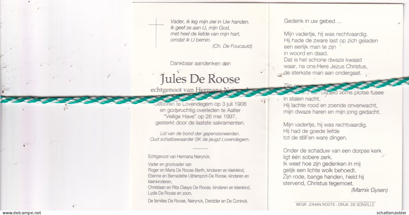 Jules De Roose-Neirynck, Lovendegem 1908, Aalter 1997. Foto - Obituary Notices