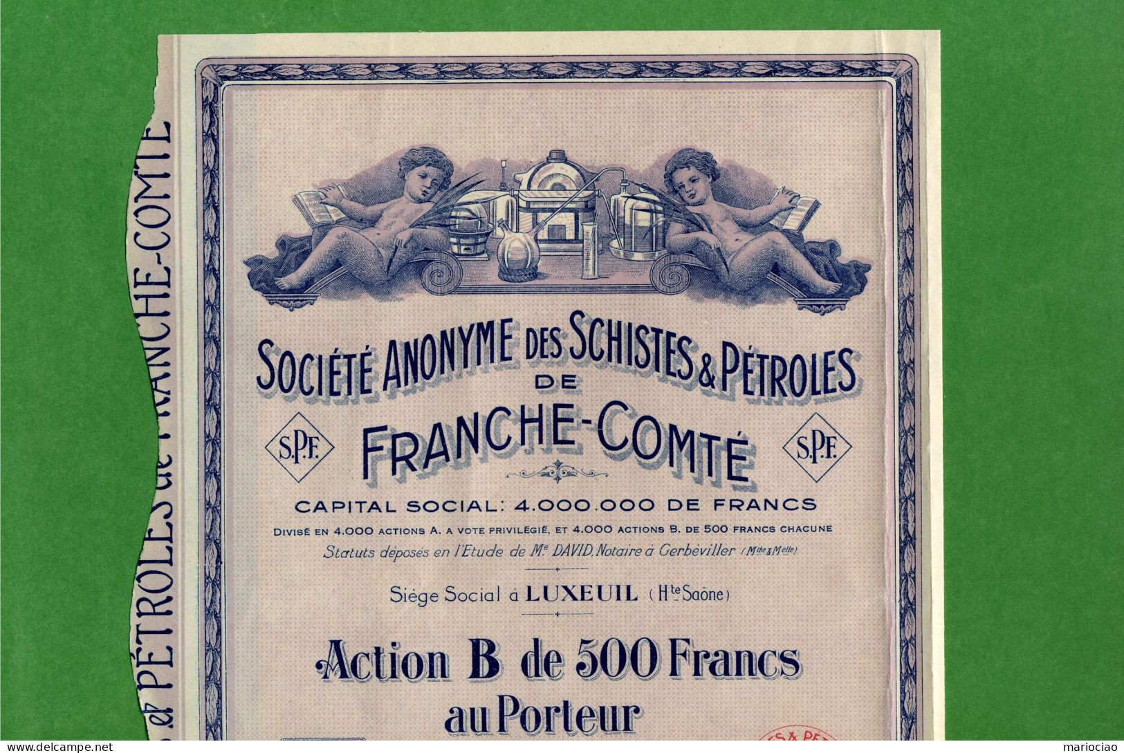 T-FR Société Anonyme Des Schistes & Pétroles De Franche-Comté 1931 Rose - Petrolio