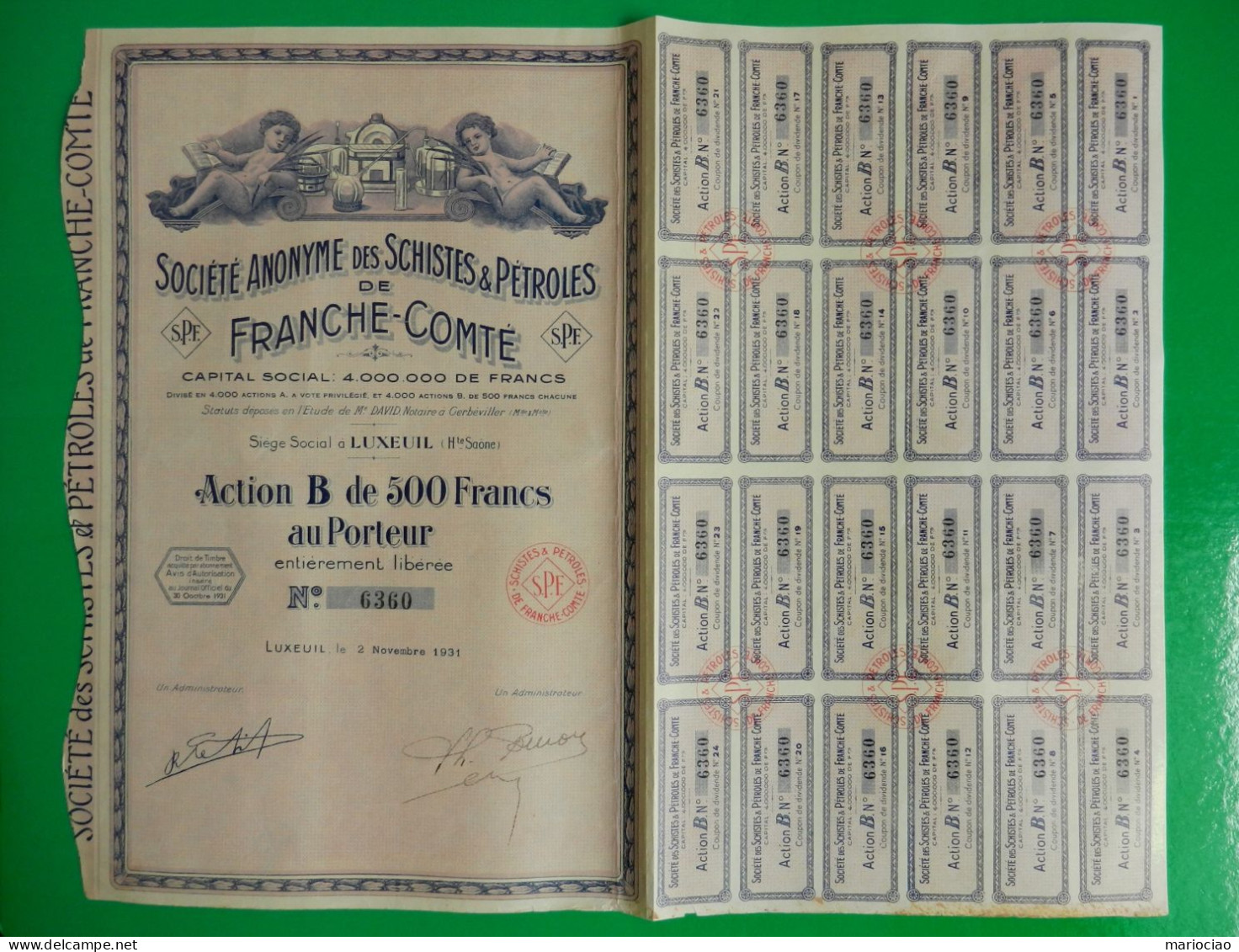 T-FR Société Anonyme Des Schistes & Pétroles De Franche-Comté 1931 Rose - Petróleo