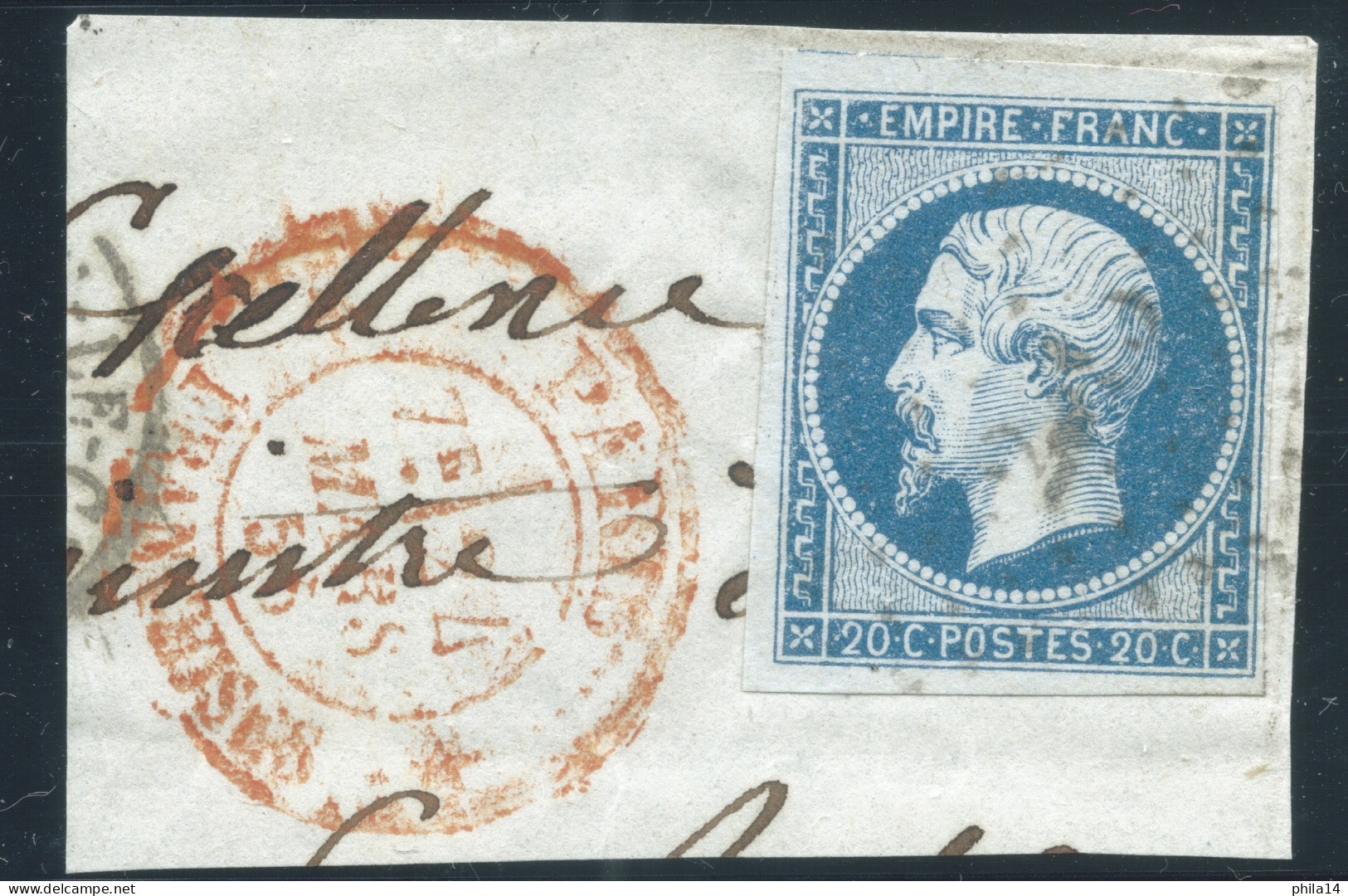 N°14 20c BLEU NAPOLEON TYPE 1 SUR FRAGMENT / CAD ROUGE PARIS FRANCHISE 4 MARS 1856 - 1853-1860 Napoléon III