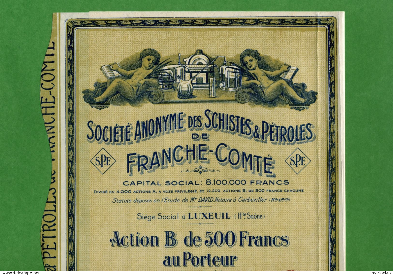 T-FR Société Anonyme Des Schistes & Pétroles De Franche-Comté 1933 Jaune - Erdöl