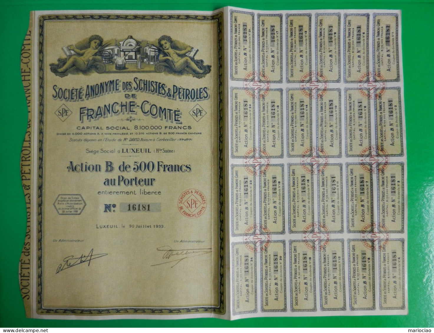 T-FR Société Anonyme Des Schistes & Pétroles De Franche-Comté 1933 Jaune - Pétrole
