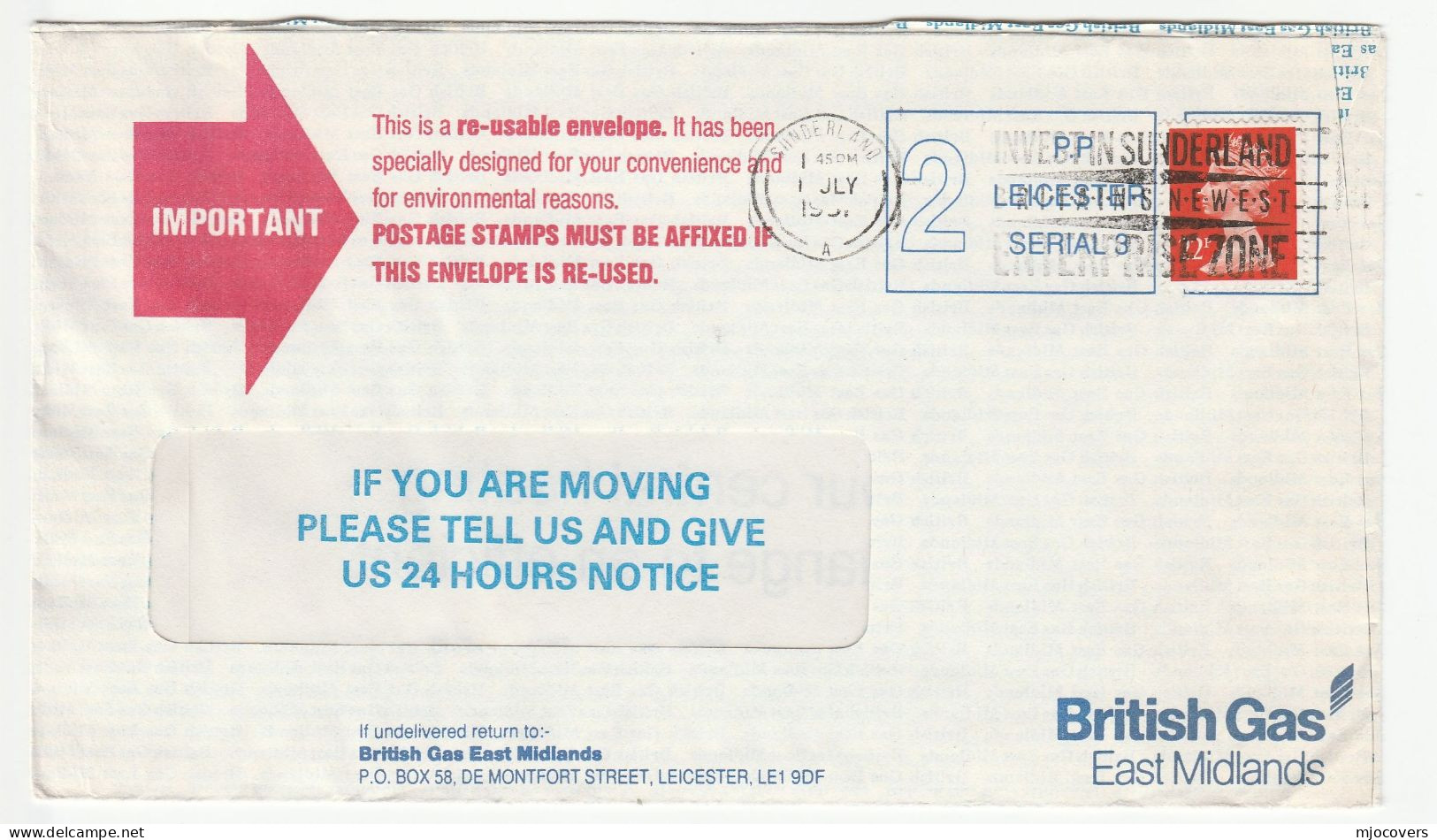 1990s British GAS 'ENVIRONMENTAL Reasons' Reusable ADVERT COVER  Sunderland GB Stamps Energy Environment - Environment & Climate Protection