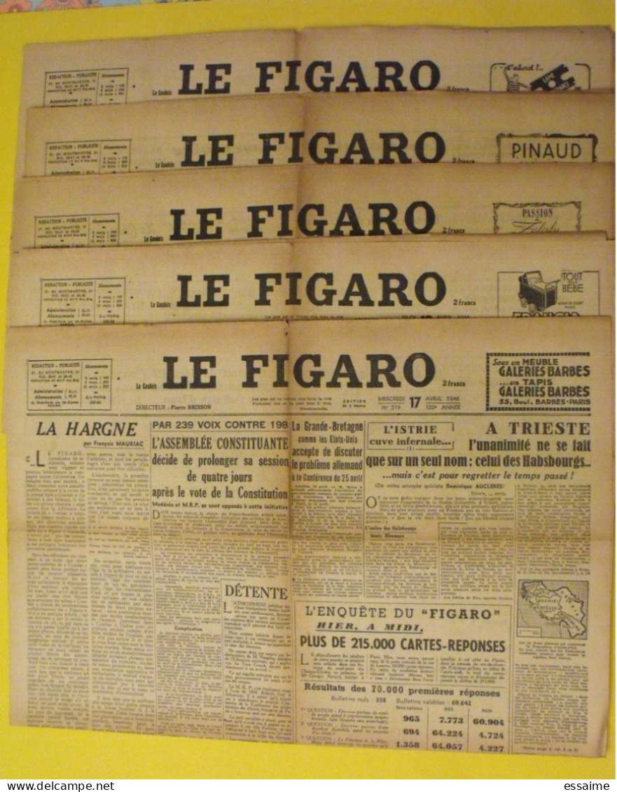 5 N° Le Figaro De 1946. Mauriac Indochine Nuremberg Rosenberg Franco Kurde D'Argenlieu Truman - Altri & Non Classificati