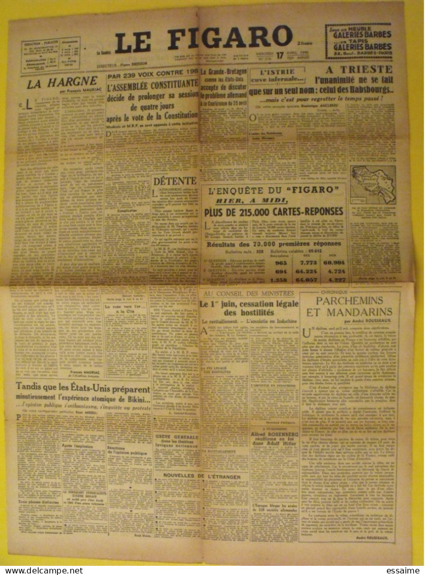 5 N° Le Figaro De 1946. Mauriac Indochine Nuremberg Rosenberg Franco Kurde D'Argenlieu Truman - Sonstige & Ohne Zuordnung