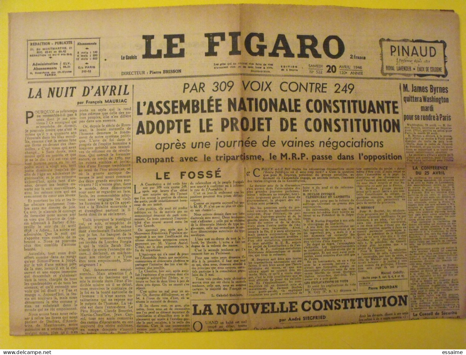 5 n° Le Figaro de 1946. Mauriac Indochine Nuremberg Rosenberg Franco Kurde d'Argenlieu Truman
