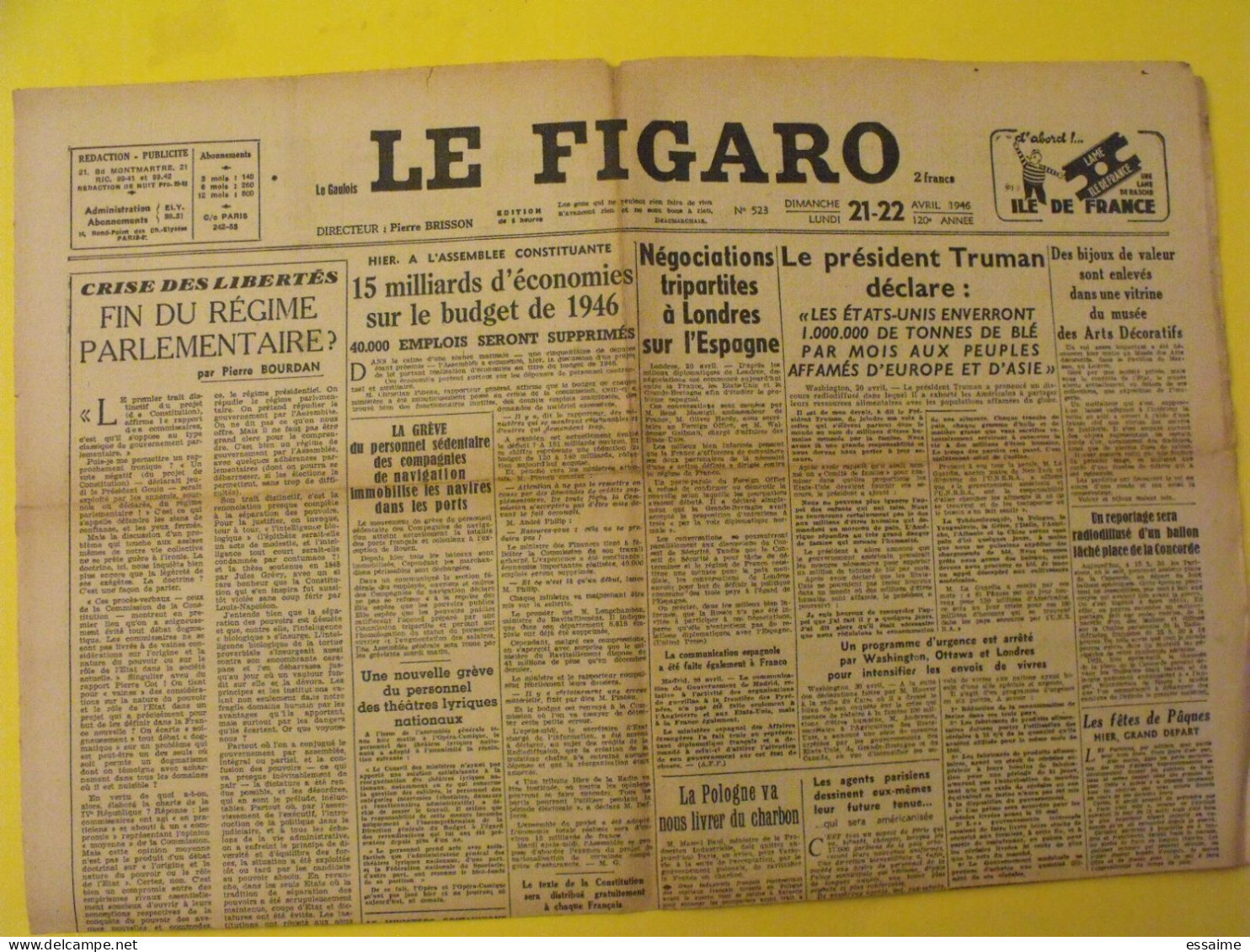 5 n° Le Figaro de 1946. Mauriac Indochine Nuremberg Rosenberg Franco Kurde d'Argenlieu Truman