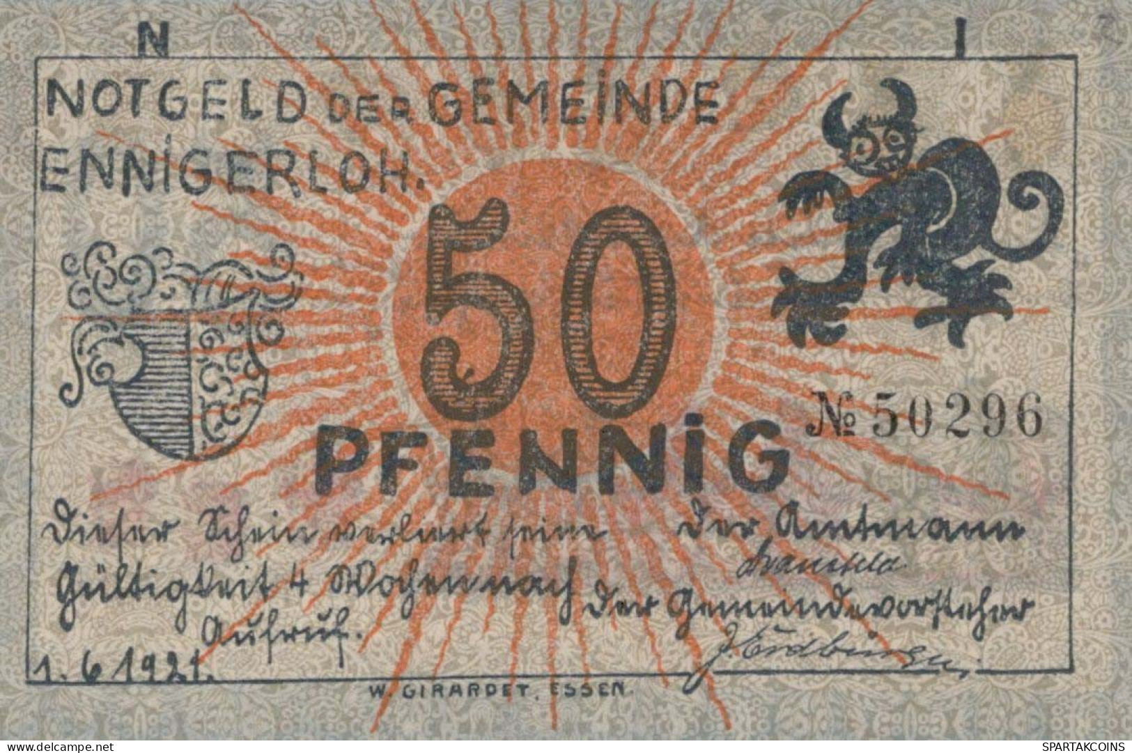 50 PFENNIG 1921 Stadt ENNIGERLOH Westphalia UNC DEUTSCHLAND Notgeld #PB243 - [11] Emissioni Locali